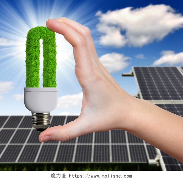 3d太阳能电池板背景手握住绿色灯泡手举行绿色灯泡